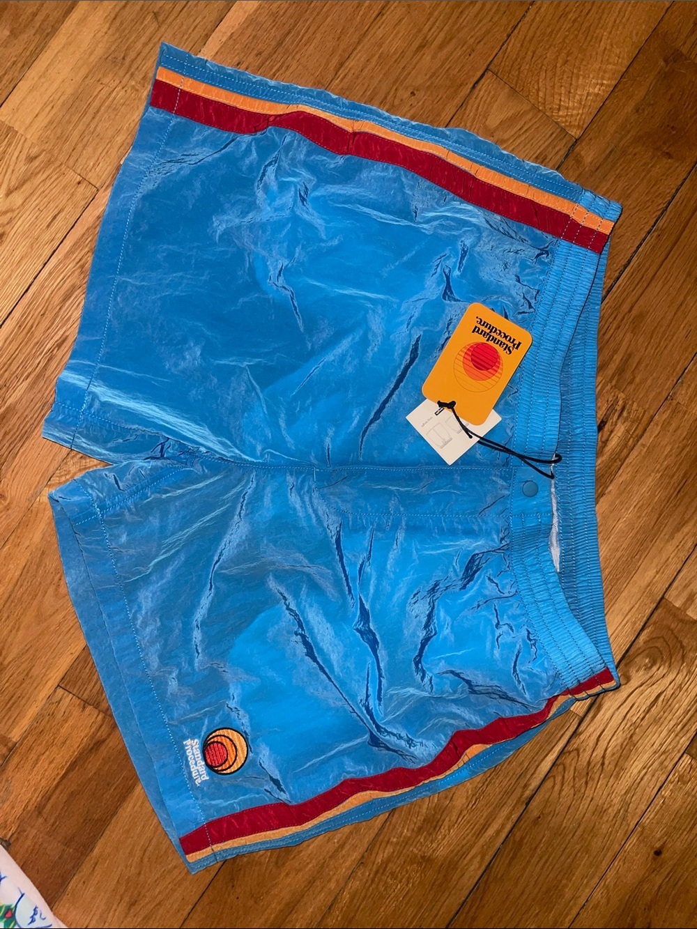 Zara Men's Bright Blue Athletic Shorts with Red and Yellow Trim